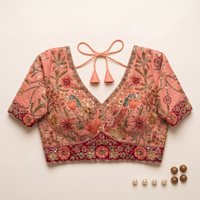 Peach Raw Silk Sweetheart Neck Blouse with Zari & Floral Embroidery