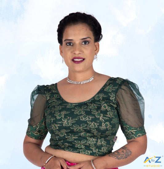 Bottle Green  Cotton Lycra Lotus Print Blouse