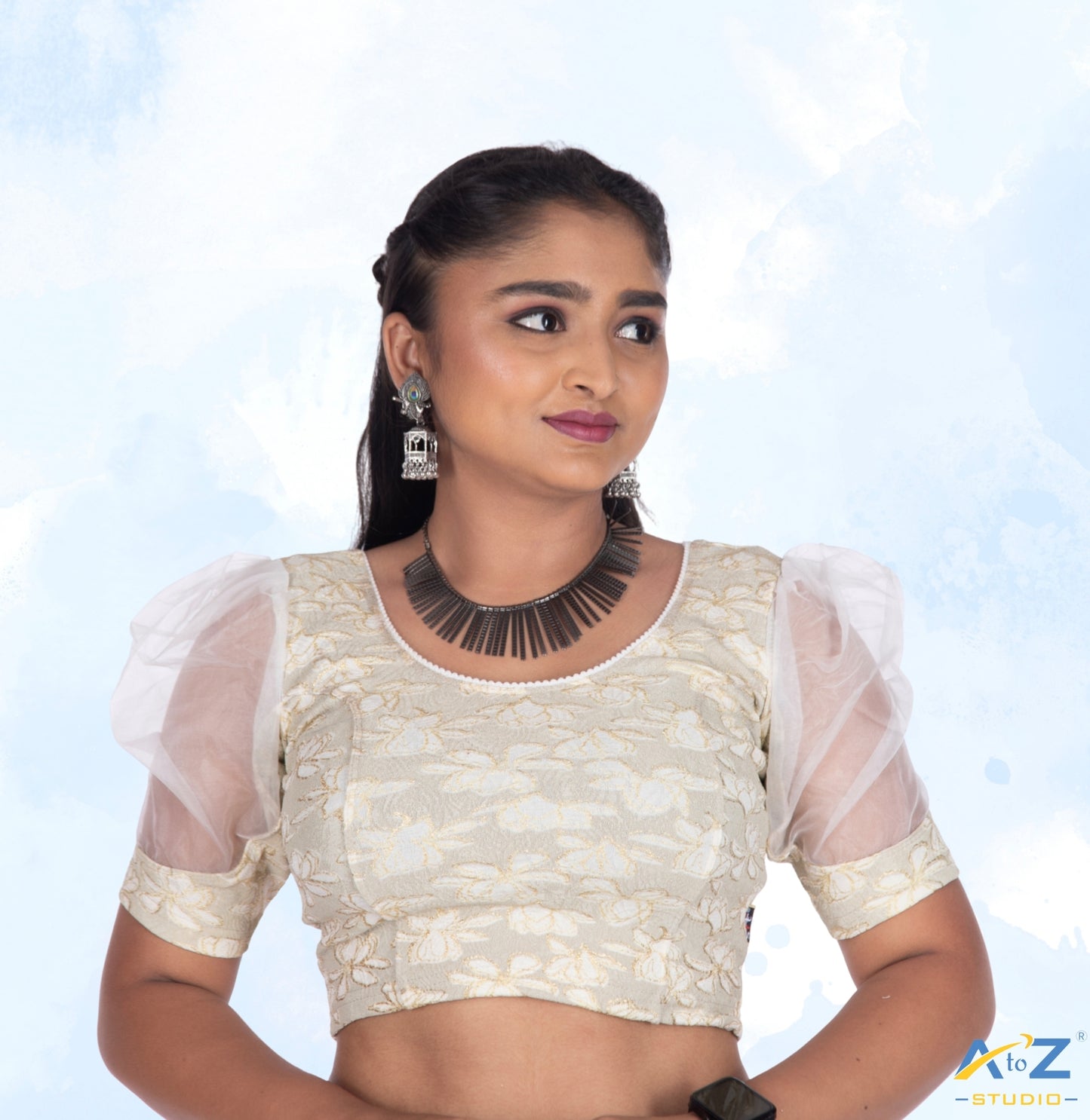 Cream  Cotton Lycra Lotus Print Blouse