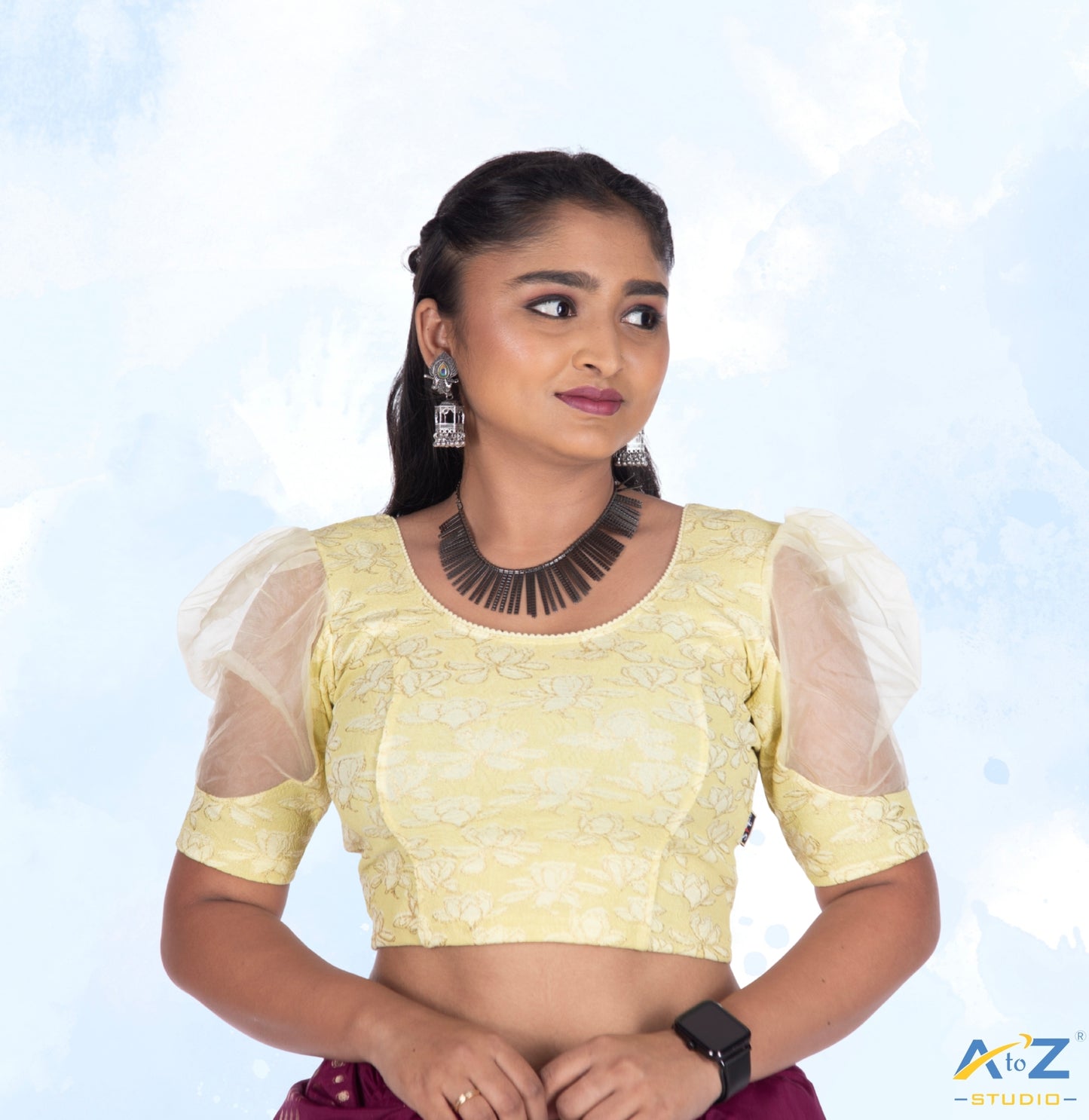 Lemon  Cotton Lycra Lotus Print Blouse