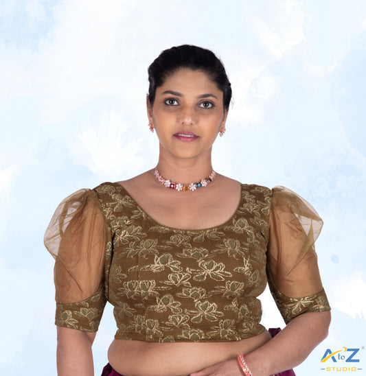 Olive  Cotton Lycra Lotus Print Blouse