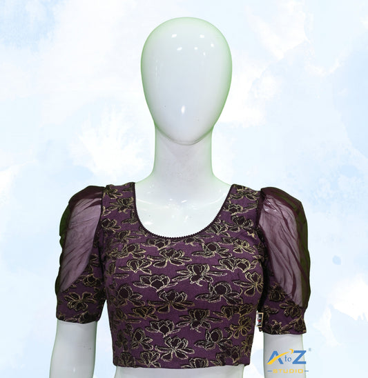 Wine Cotton Lycra Lotus Print Blouse