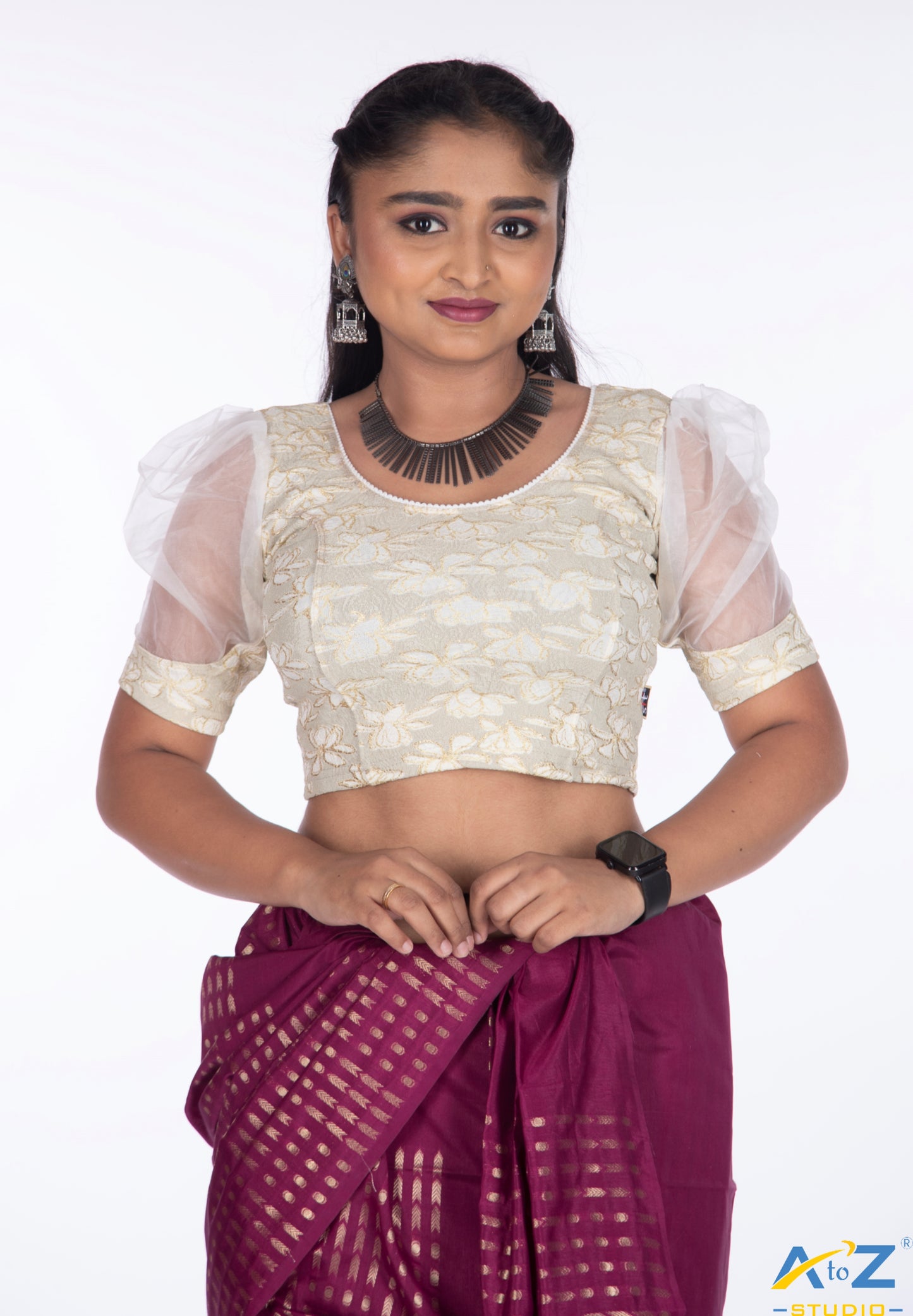 Cream  Cotton Lycra Lotus Print Blouse