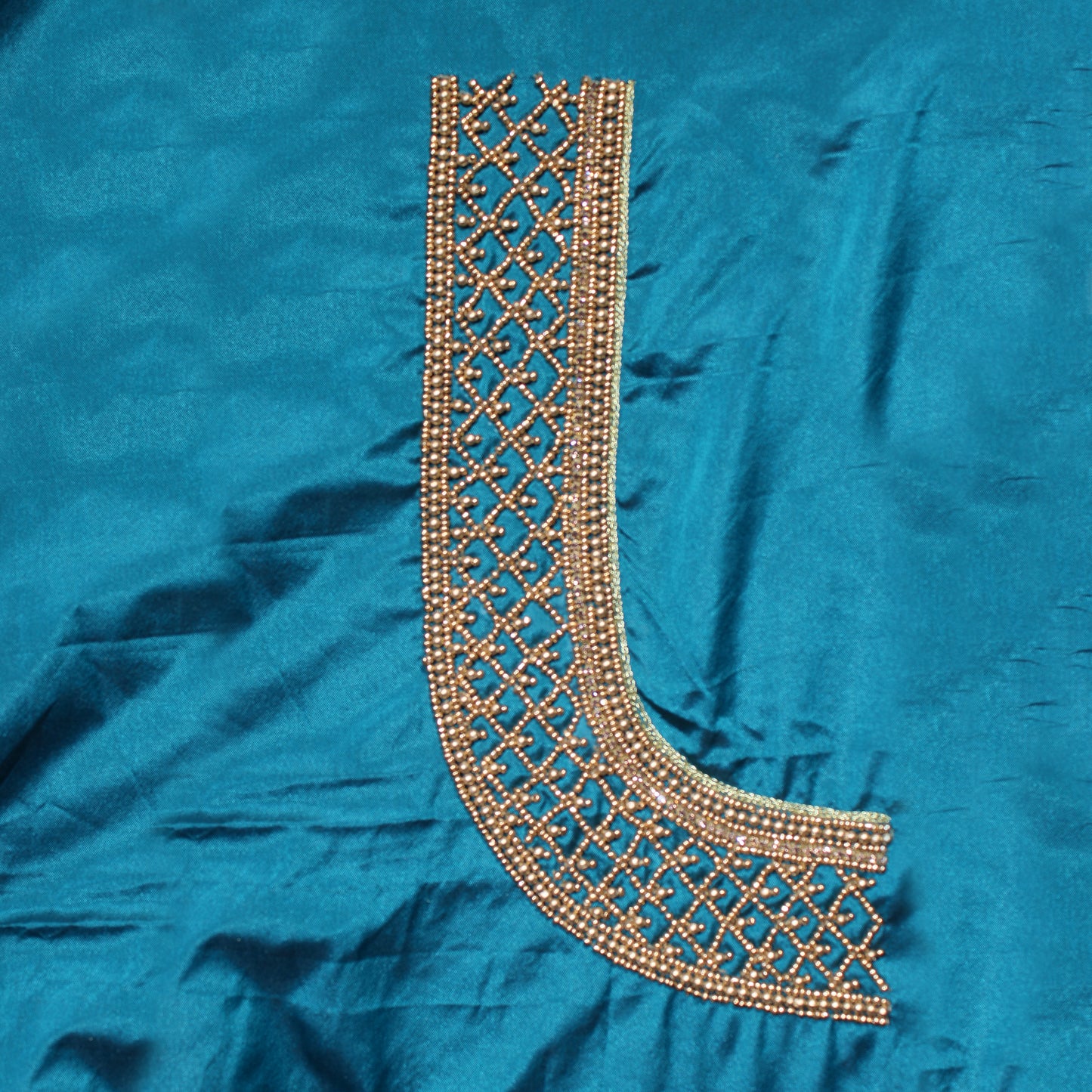 "Royal Teal Floral Handwork Designer Silk Blouse with Cutwork Back Neck"