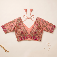 Peach Raw Silk Sweetheart Neck Blouse with Zari & Floral Embroidery
