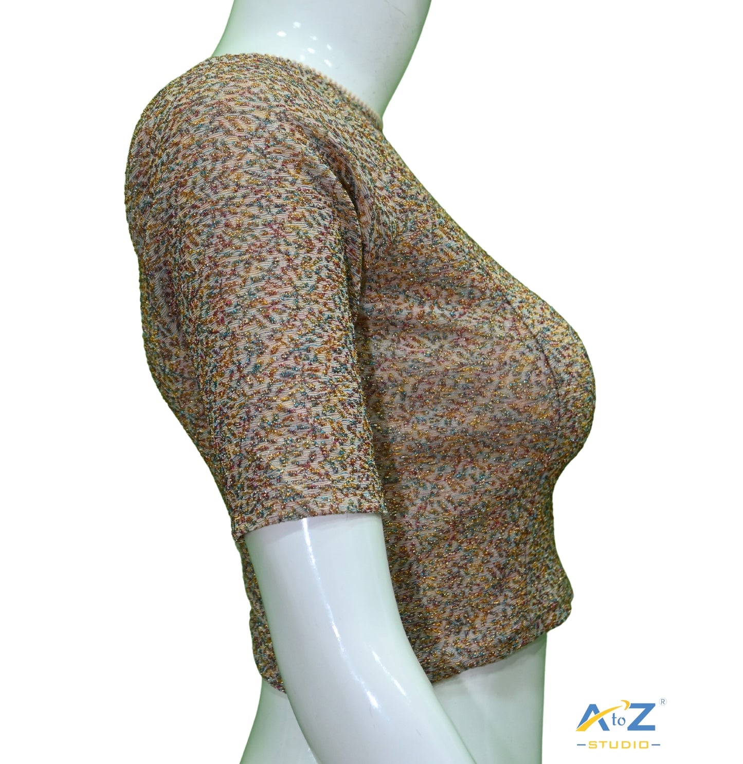 Cream  Metallic Lycra Boat Neck Blouse