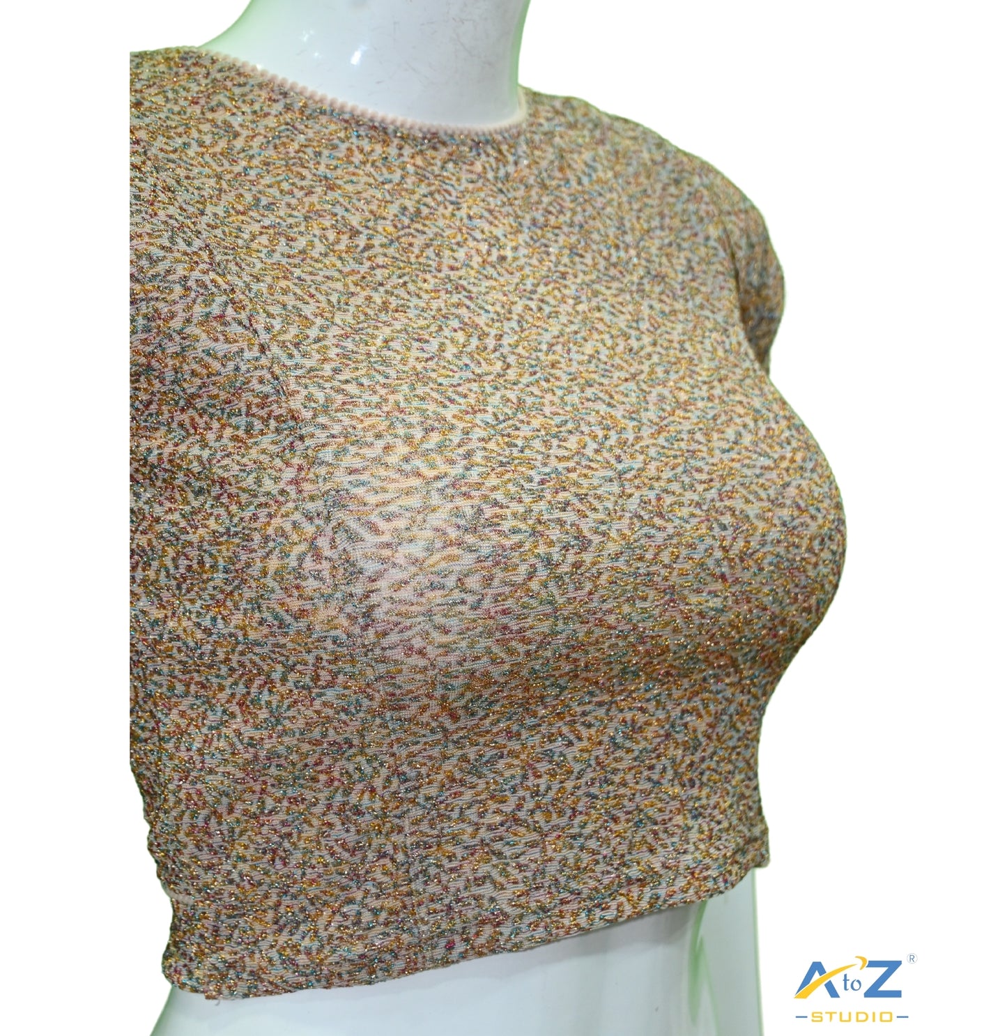 Cream  Metallic Lycra Boat Neck Blouse