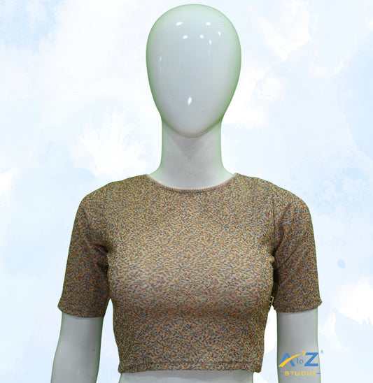 Cream  Metallic Lycra Boat Neck Blouse