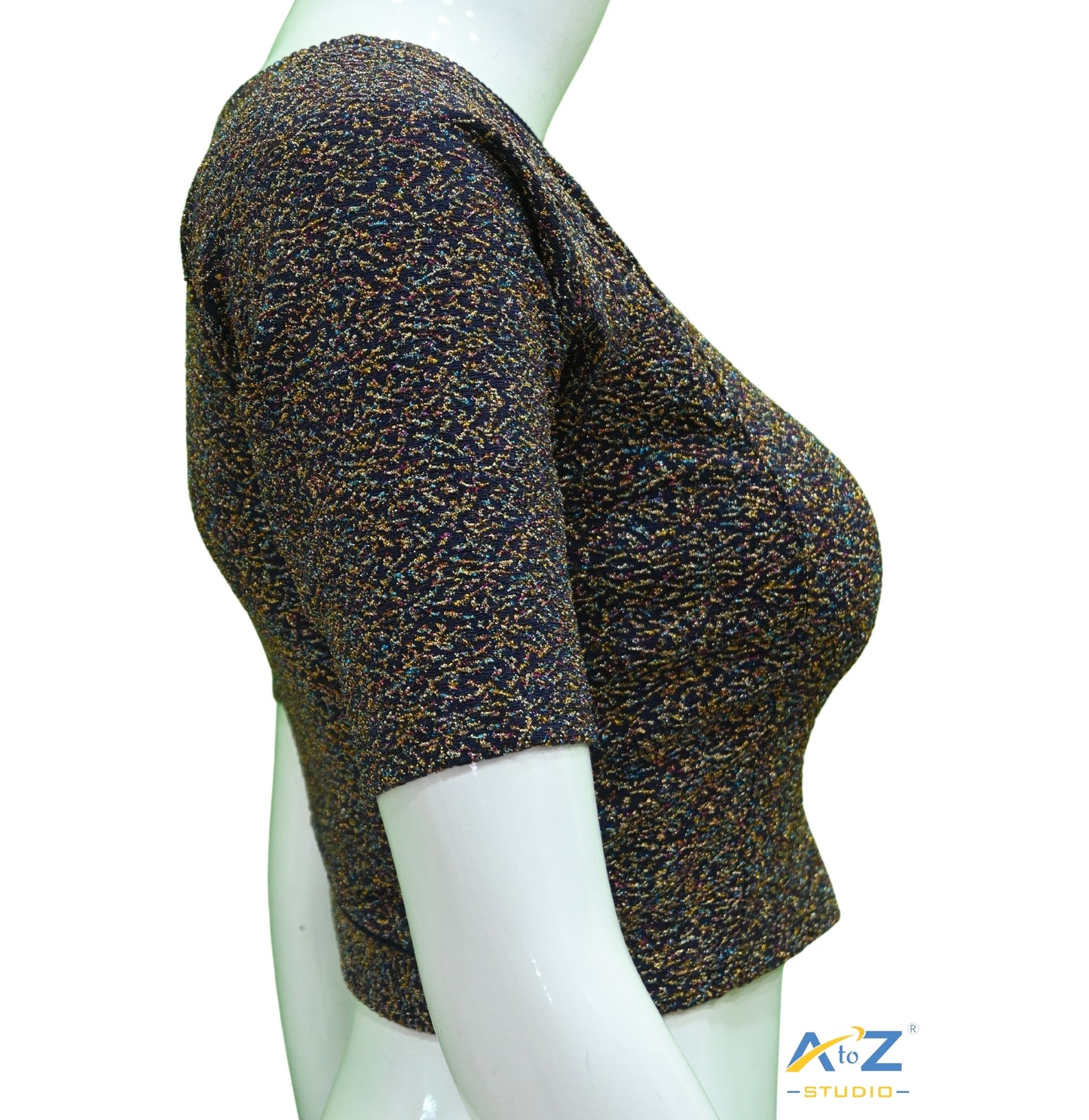 Navy Blue  Metallic Lycra Boat Neck Blouse