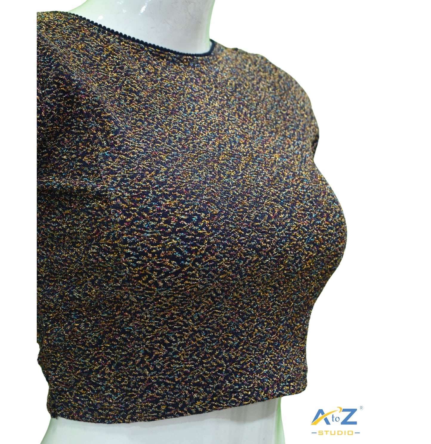 Navy Blue  Metallic Lycra Boat Neck Blouse