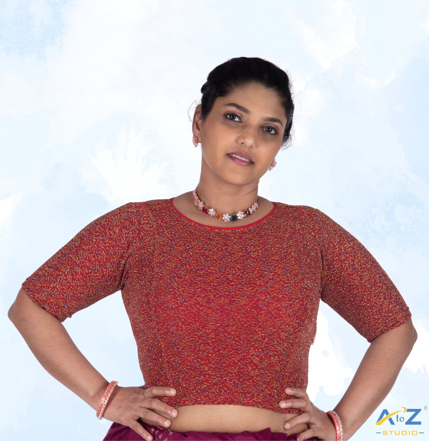 Red Metallic Lycra Boat Neck Blouse