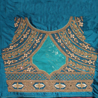 "Royal Teal Floral Handwork Designer Silk Blouse with Cutwork Back Neck"