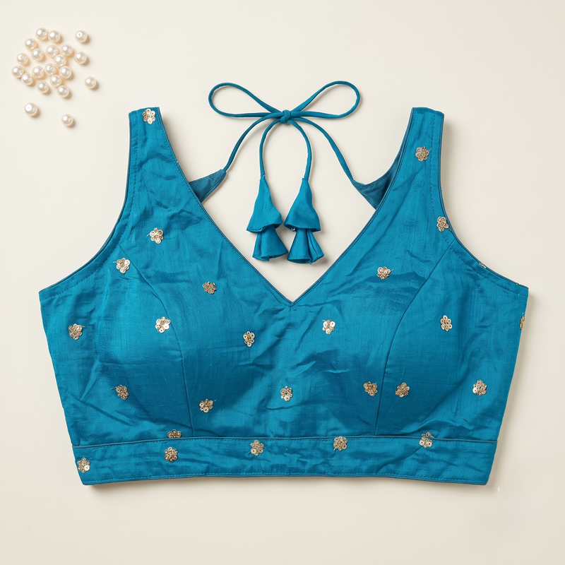 Elegant Royal Blue Sequined Floral Motif Blouse with Tie-Back Latkan