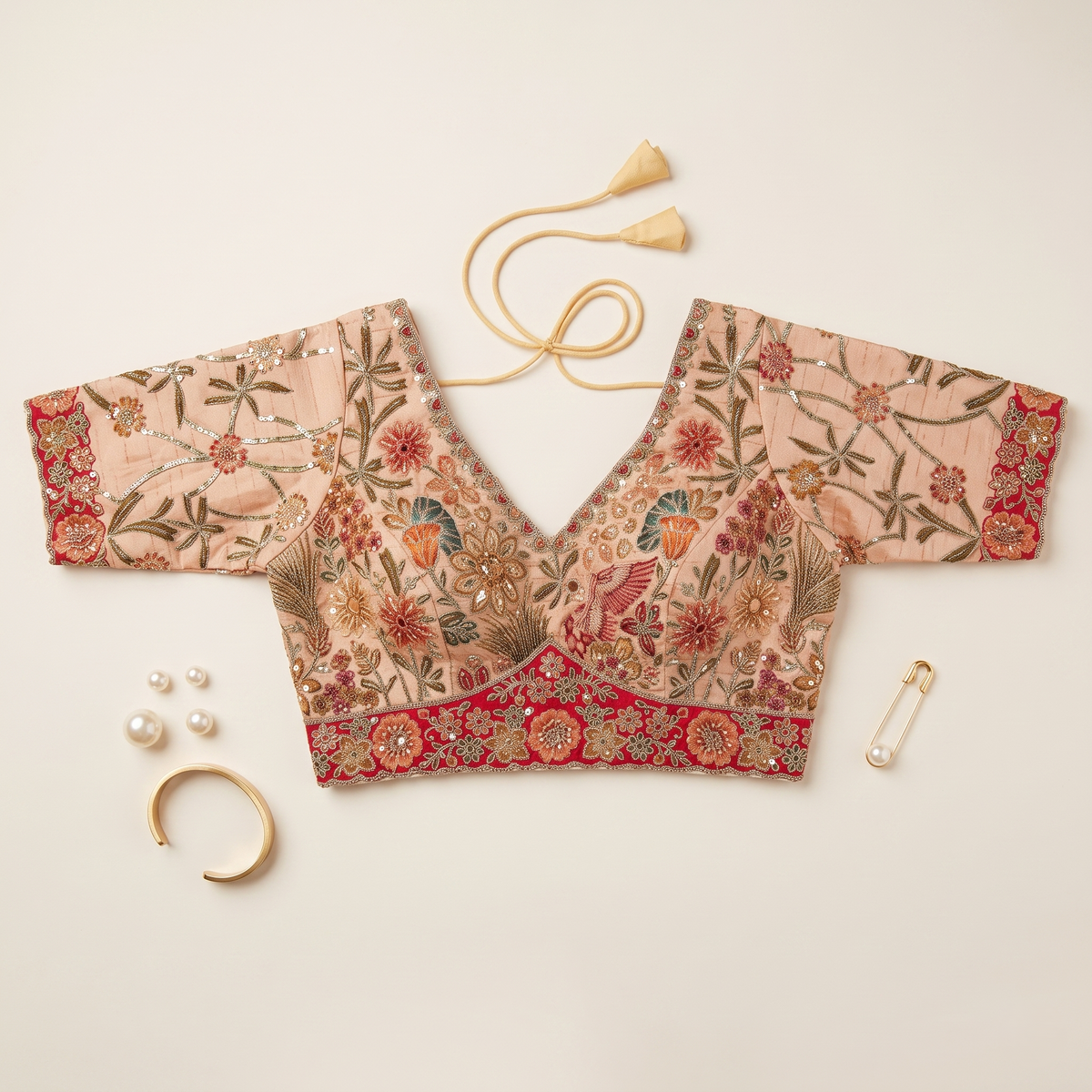 Butter Raw Silk Sweetheart Neck Blouse with Zari & Floral Embroidery