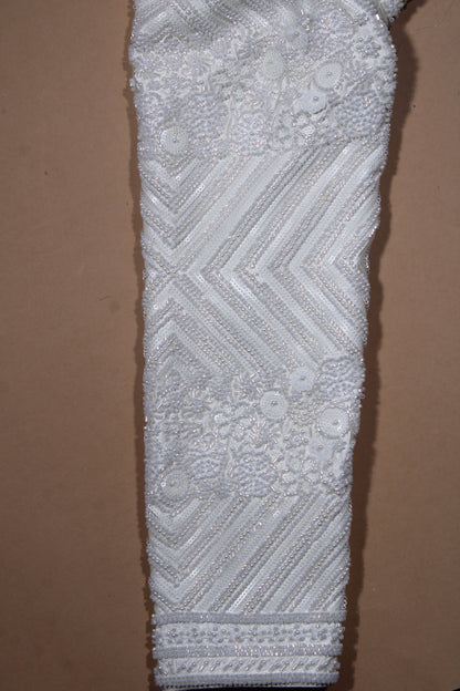 Off-White Heavily Sequined Corset Blouse with Cut-Out High Neck & Full Sleeves