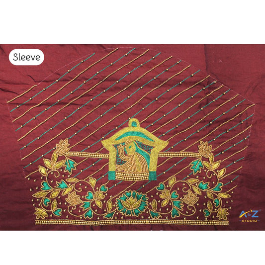 Brick Silk Blouse Piece With Thread Work