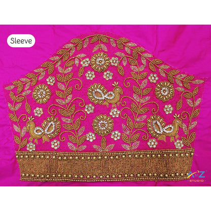 Bright Pink Silk Blouse Piece With Aari Work