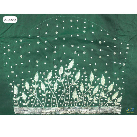 Dark Forest Green Silk Blouse Piece With Aari Work (Silver Work)