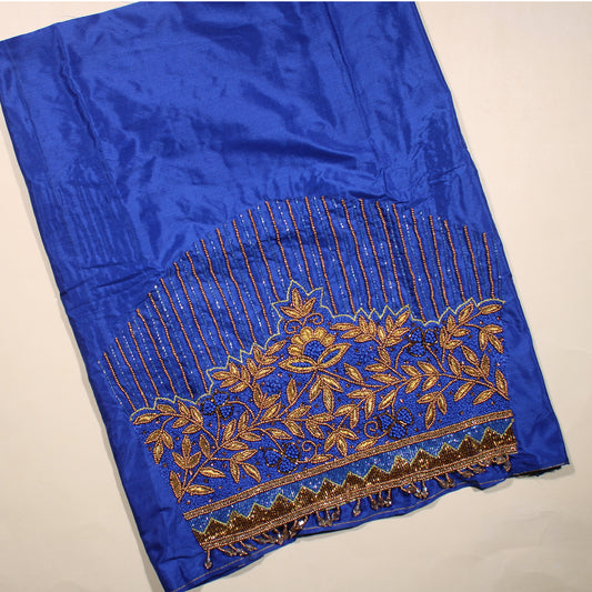 "Hand Embroidered Blue Blouse Fabric with Gold Zardozi and Floral Detailing – Festive & Bridal"