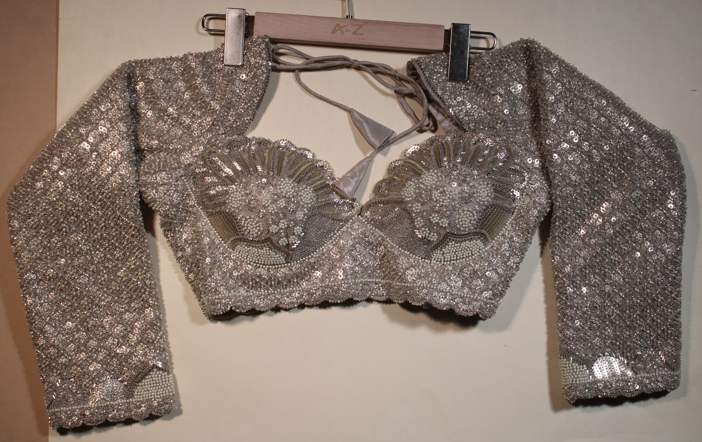 Grey Embroidered Blouse with Sheer Sleeves and Cutdana Work