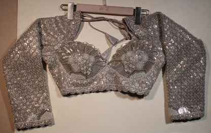 Grey Embroidered Blouse with Sheer Sleeves and Cutdana Work