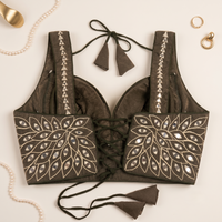 Olive Green Mirror Work Broad Strap Crop Top Blouse for Lehenga & Saree