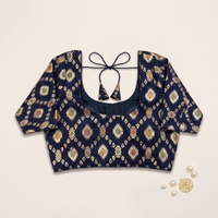 Navy Blue Banaras Silk Brocade Blouse with Zari Geometric Butta