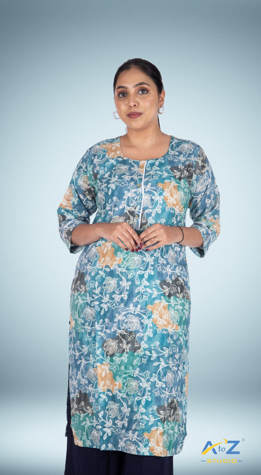 Sophisticated Sky Blue Kurti with White Floral Motifs