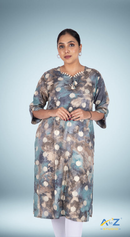 Golden Floral Multi-Blue Kurti with Special Knot Neckline