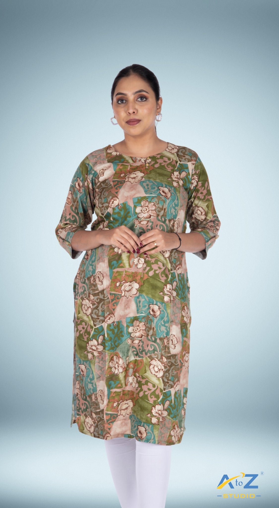 Chic Multi-Green Floral Kurti with Sunflower Accents