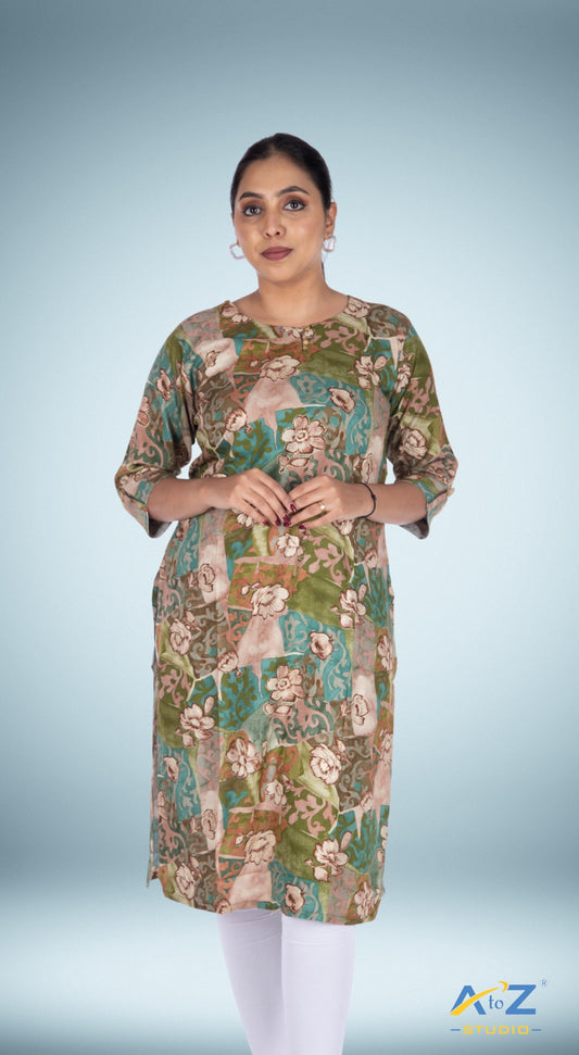 Chic Multi-Green Floral Kurti with Sunflower Accents