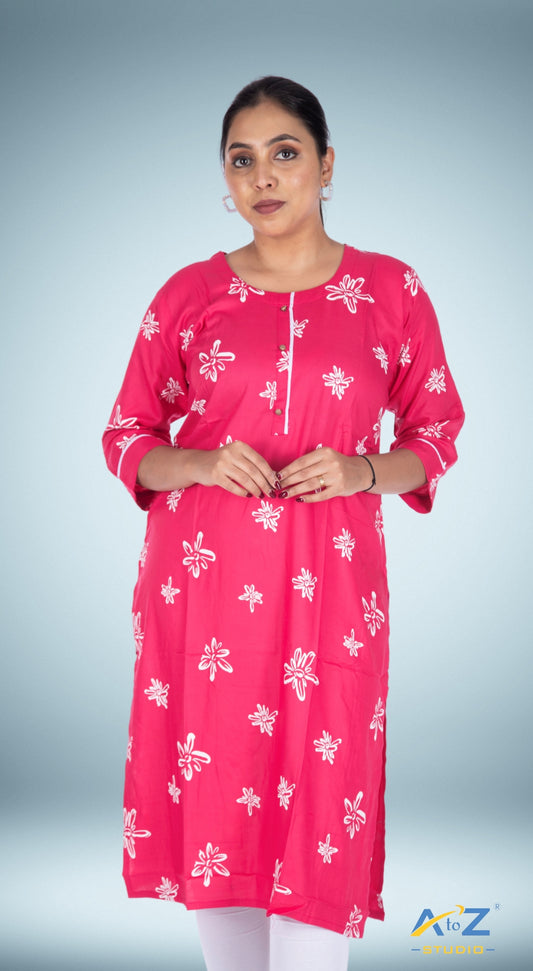 Pink Kurti with White Flower and Center Line Design