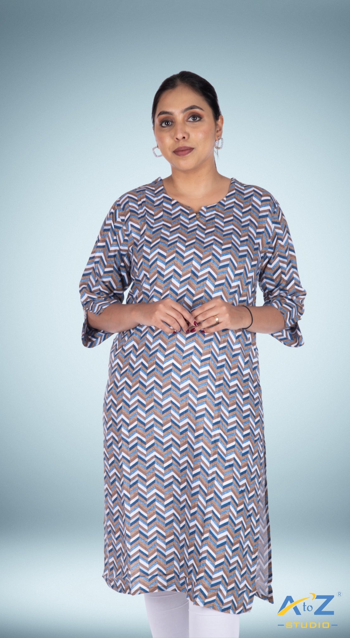 Chic Blue Chevron Design Kurti with Bold Stripes