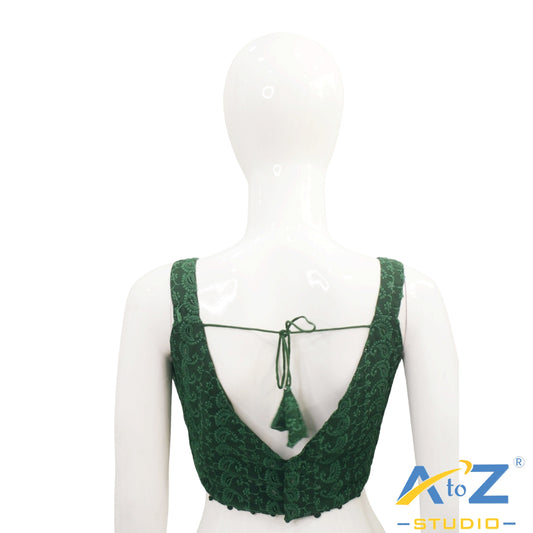 Dark Green Embroidered Cotton Blouse with Front Buttons