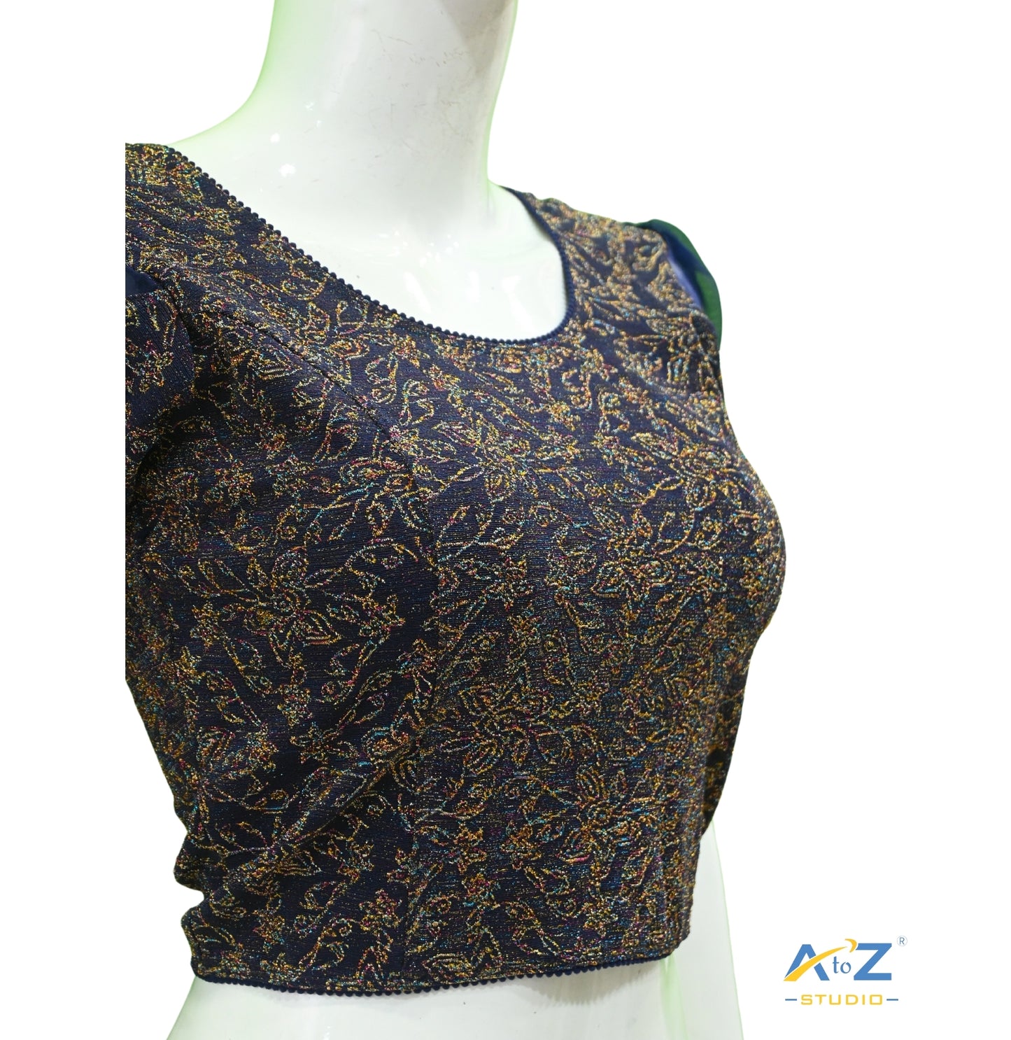 Navy Blue Metallic Lycra Metallic Jacquard Blouse