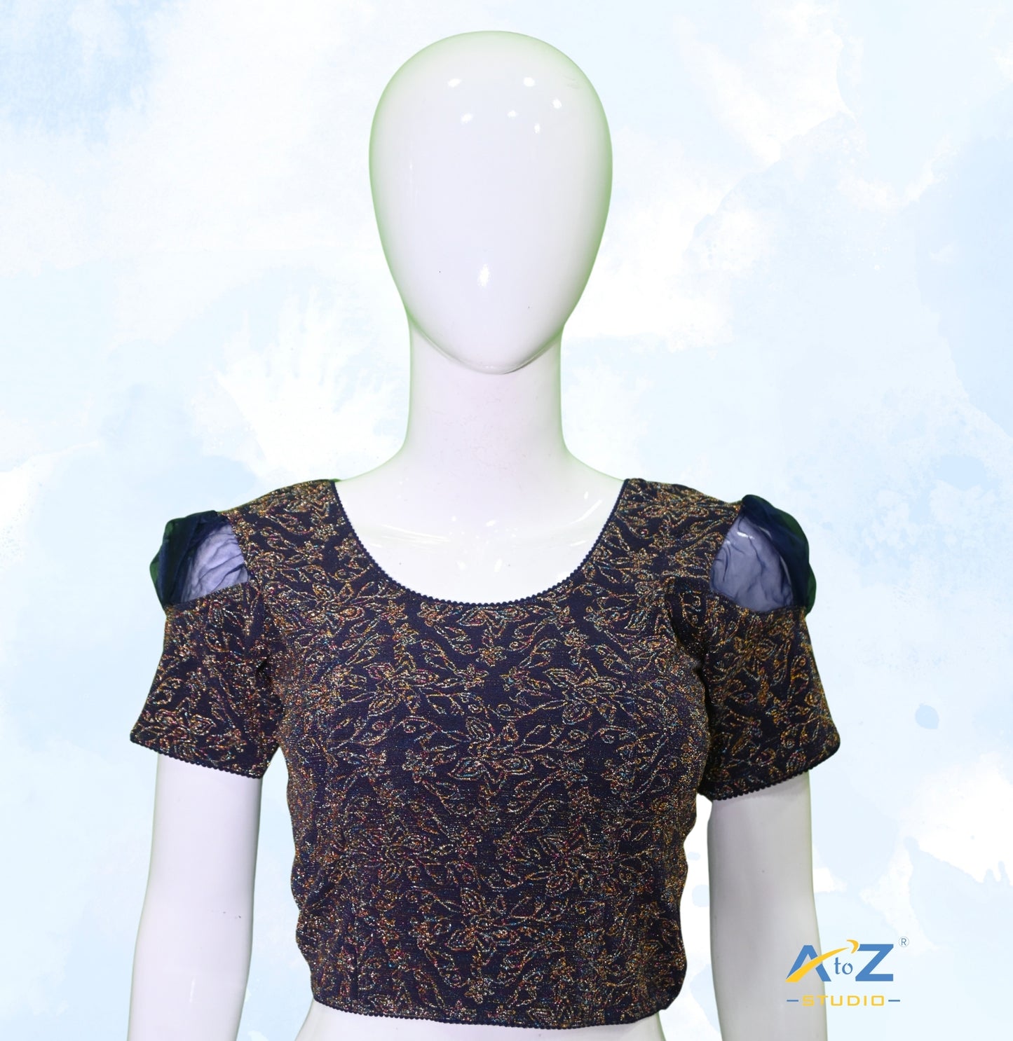 Navy Blue Metallic Lycra Metallic Jacquard Blouse