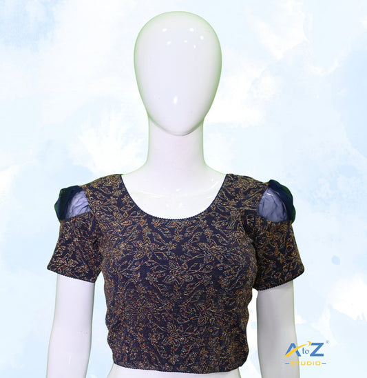 Navy Blue Metallic Lycra Metallic Jacquard Blouse