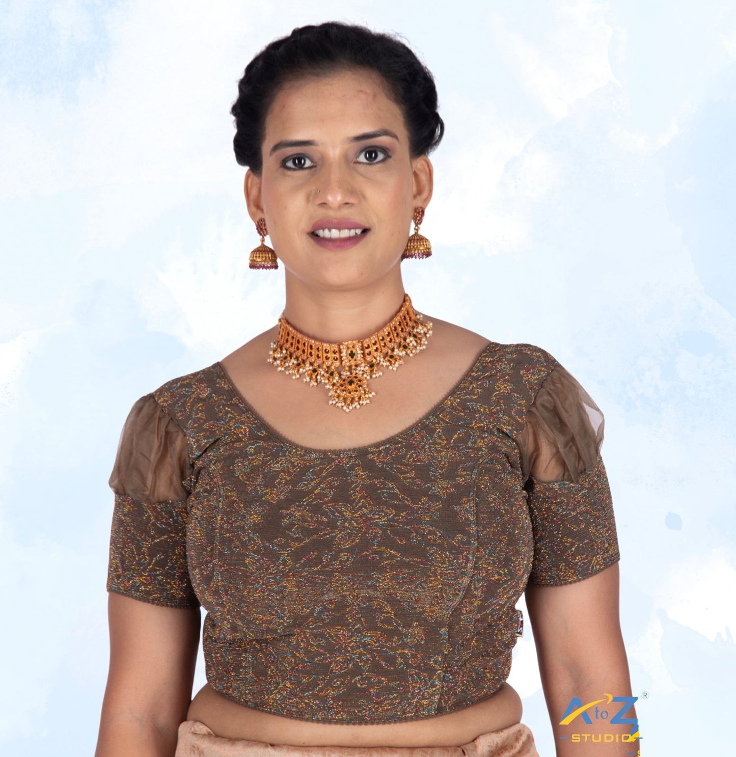 Olive  Metallic Lycra Metallic Jacquard Blouse