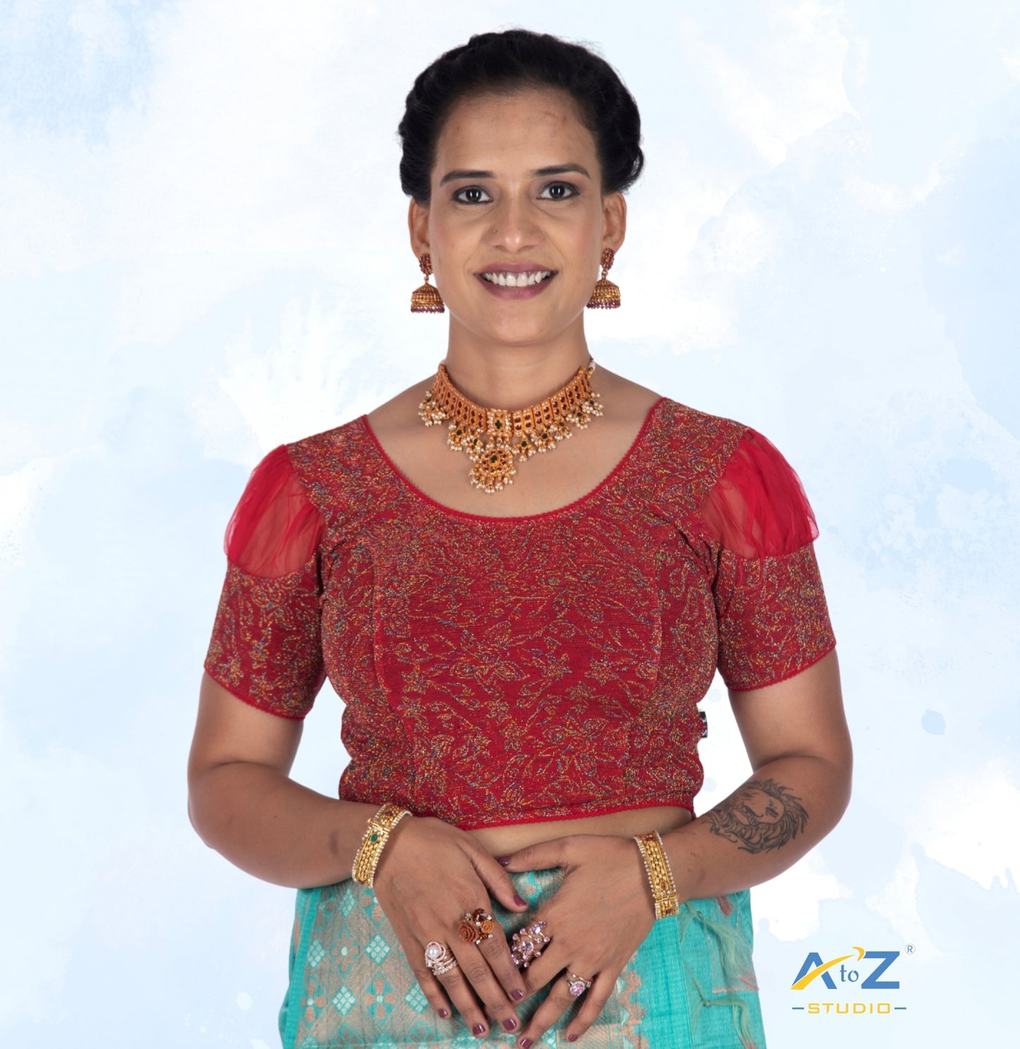 Red Metallic Lycra Metallic Jacquard Blouse