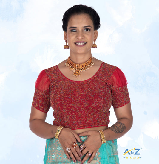 Red Metallic Lycra Metallic Jacquard Blouse