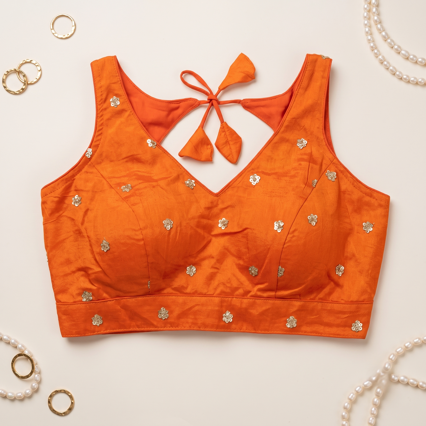 Elegant Orange Sequined Floral Motif Blouse with Tie-Back Latkan