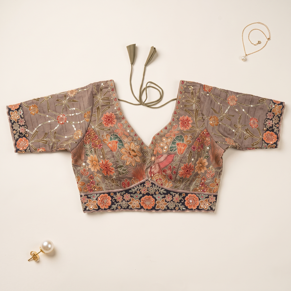 Dark Grey Raw Silk Sweetheart Neck Blouse with Zari & Floral Embroidery