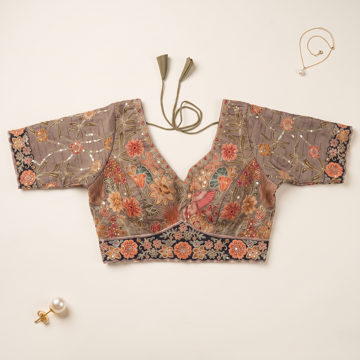 Dark Grey Raw Silk Sweetheart Neck Blouse with Zari & Floral Embroidery
