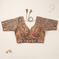 Dark Grey Raw Silk Sweetheart Neck Blouse with Zari & Floral Embroidery