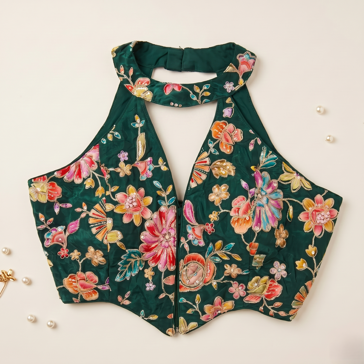 Green Multi-Flora Choker Neck Corset Blouse