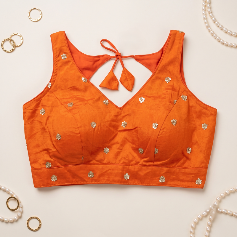 Elegant Orange Sequined Floral Motif Blouse with Tie-Back Latkan