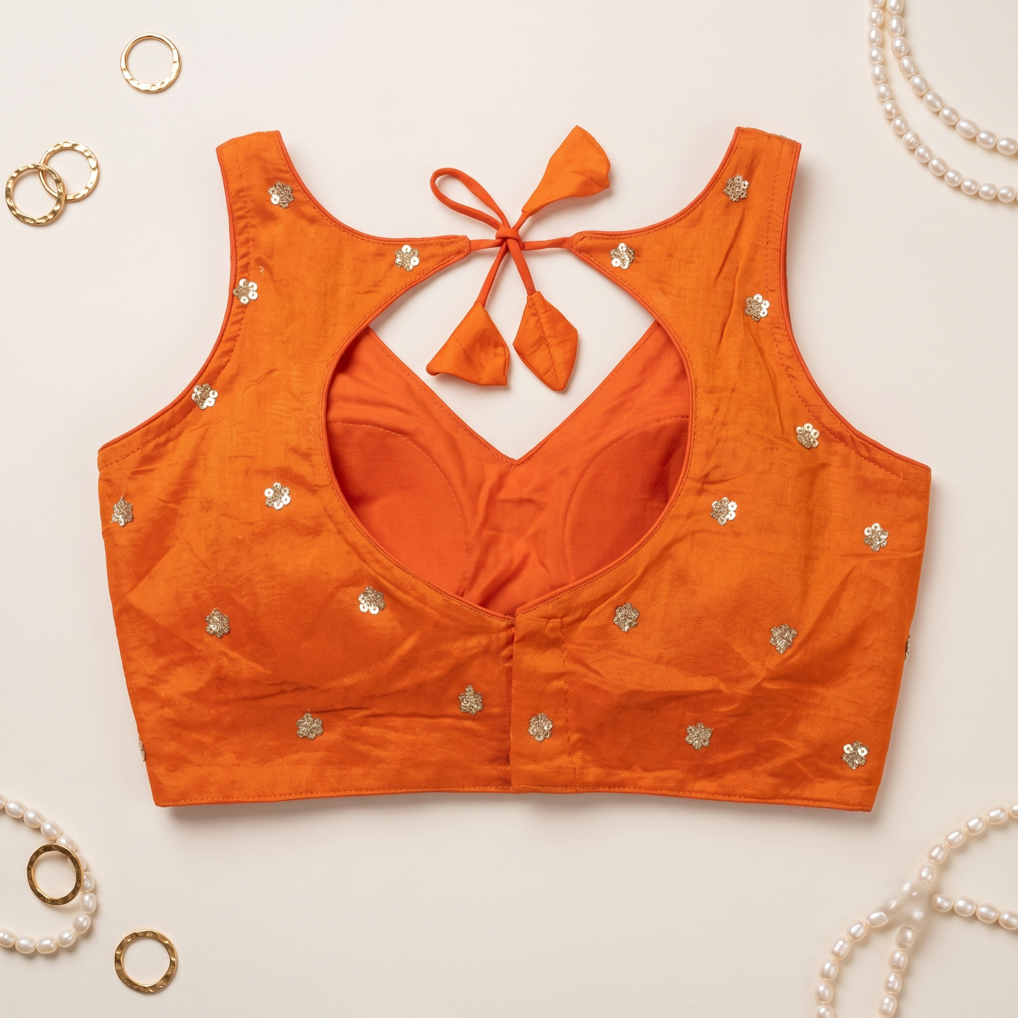 Elegant Orange Sequined Floral Motif Blouse with Tie-Back Latkan