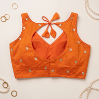 Elegant Orange Sequined Floral Motif Blouse with Tie-Back Latkan