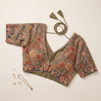 Dark Grey Raw Silk Sweetheart Neck Blouse with Zari & Floral Embroidery