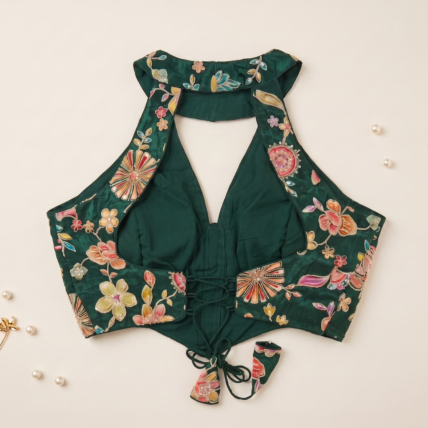 Green Multi-Flora Choker Neck Corset Blouse